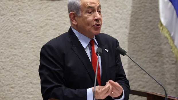 Benjamin Netanyahu during a national budget parliament session on May 23. Photographer: Gil Cohen-Magen/AFP/Getty Images