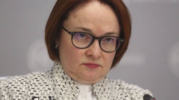 Elvira Nabiullina, governor of Russia's central bank, pauses during a rate announcement news conference in Moscow, Russia, on Friday, Feb. 7, 2020. The Bank of Russia delivered a sixth consecutive bout of monetary easing as inflation continued a retreat below target.