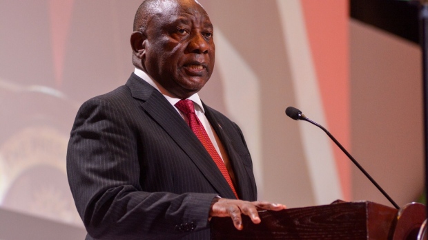 Cyril Ramaphosa, South Africa's president, speaks during the South Africa Investment Conference in Johannesburg, South Africa, on Thursday, April 13, 2023. Today's conference starts as data this week showed that the South African economy has probably entered a technical recession. Photographer: Waldo Swiegers/Bloomberg