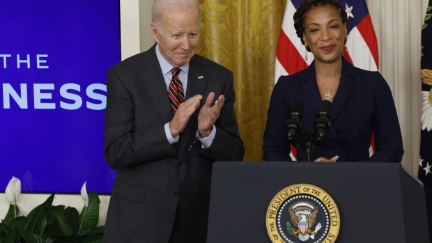 King attends the Small Business Administration's Women's Business Summit with US President Joe Biden at the White House in Washington, on March 27. Photographer: Chip Somodevilla/Getty Images 