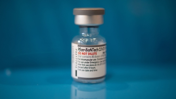 A vial of the Pfizer-BioNTech Covid-19 vaccine at a clinic inside Trinity Evangelic Lutheran Church in Lansdale, Pennsylvania, U.S, on Tuesday, Apr. 5, 2022. U.S. regulators cleared second booster doses of Covid-19 vaccine from Moderna Inc. and the partnership of Pfizer Inc. and BioNTech SE for adults 50 and older, making millions more people eligible for the shots as concern grows about a potential new wave of infections.