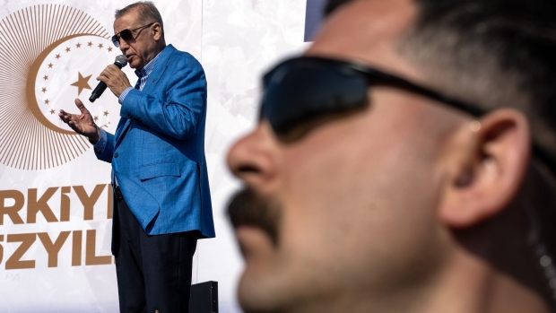 Recep Tayyip Erdogan, Turkey's president, and presidential candidate for the Justice and Development Party (AKP), speaks during an election campaign rally in Istanbul, Turkey, on Sunday, May 7, 2023. Turkey's presidential election is scheduled for May 14.