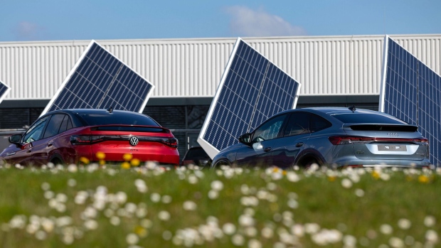 Solar panels at the Volkswagen AG (VW) electric automobile plant in Zwickau, Germany, on Tuesday, April 26, 2022. The Zwickau assembly lines are the centerpiece of a plan by VW, the world's biggest automaker, to manufacture as many as 330,000 cars annually. Photographer: Krisztian Bocsi/Bloomberg