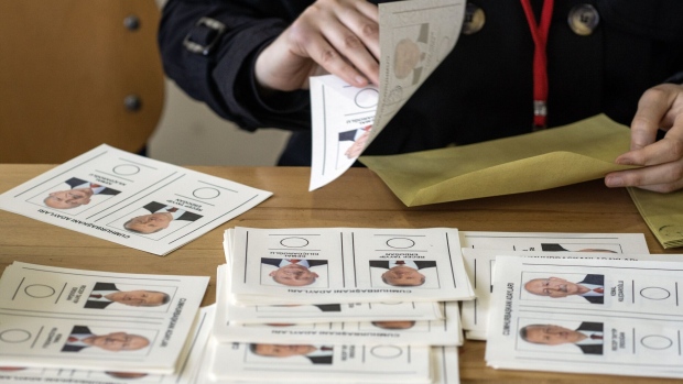 Turkey's presidential election candidates on ballots at a polling station in Ankara, Turkey, on Sunday, May 28, 2023. Turkish President Recep Tayyip Erdogan is aiming to drive home an election victory to extend his rule well into a third decade.