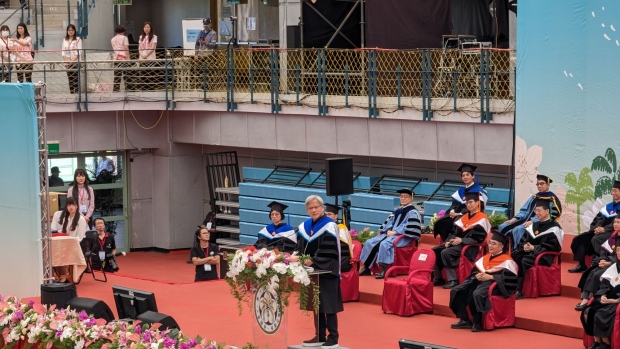 Nvidia CEO Jensen Huang gives commencement speech at National Taiwan University in Taipei on May 27. Photographer: Vlad Savov/Bloomberg