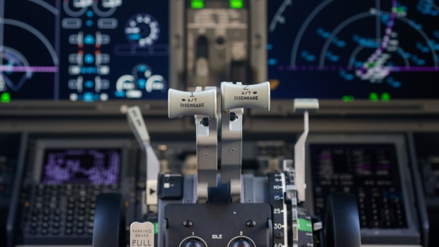Instrumentation panels in the cockpit of a Boeing Co. 737 Max 10 aircraft on day two of the Farnborough International Airshow in Farnborough, UK, on Tuesday, July 19, 2022. The airshow, one of the biggest events in the global aerospace industry, runs through July 22.