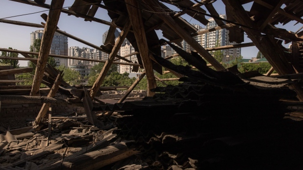 KYIV, UKRAINE - MAY 28: A roof of a residential building that was damaged during a Russian drone attack on May 28, 2023 in Kyiv, Ukraine. According to Ukrainian Air Forces, it had intercepted 52 out of 54 Iranian-made drones Shahed-136 launched by Russia targeting Ukraine. Over 40 drones were shot down over the capital Kyiv, with at least one person killed, and another injured. It was Russia's biggest air attack on Kyiv since the beginning of the war. (Photo by Roman Pilipey/Getty Images)