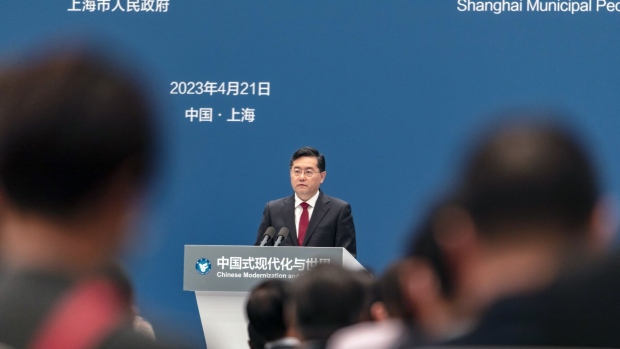 Qin Gang, China's foreign minister, speaks during the Lanting Forum in Shanghai, China, on Friday, April 21, 2023. Recent allegations that China undermines peace and stability of the Taiwan Strait run against historical and international common sense, Qin said. Photographer: Qilai Shen/Bloomberg