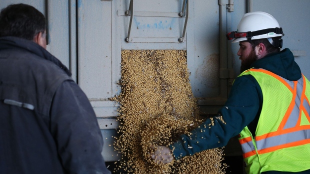 Workers unload soybeans at a Viterra grain elevator near Rosser, Manitoba, Canada, on Friday, March, 18, 2022. The United Nations warned that already record global food costs could surge another 22% as the war in Ukraine stifles trade and slashes future harvests.