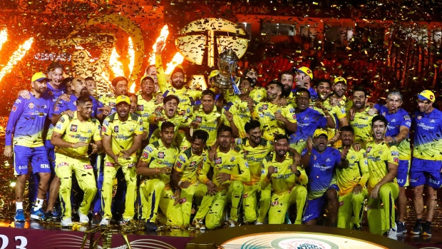 Chennai Super Kings celebrate winning the IPL final on May 30.