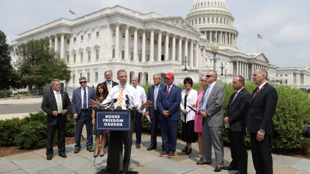 WASHINGTON, DC - JULY 29: U.S. Rep. Scott Perry (R-PA) (5th L) speaks during a news conference outside the U.S. Capitol July 29, 2021 in Washington, DC. The House Freedom Caucus held a news conference to call for Reps. Liz Cheney (R-WY) and Adam Kinzinger (R-IL) to be expelled as members of the House Republican Conference. (Photo by Alex Wong/Getty Images)