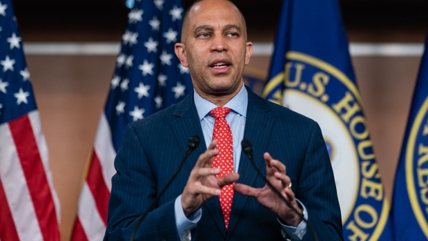Representative Hakeem Jeffries, a Democrat from New York, speaks during a news conference at the US Capitol in Washington, DC, US, on Friday, April 28, 2023. The House speaker on Thursday escalated demands for the president and Democrats to avoid a debt-ceiling crisis by embracing the plan that House Republicans passed on party lines.