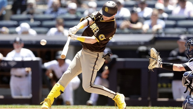 NEW YORK, NEW YORK - MAY 28: Jake Cronenworth #9 of the San Diego Padres connects on a first inning home run against the New York Yankees at Yankee Stadium on May 28, 2023 in the Bronx borough of New York City. (Photo by Jim McIsaac/Getty Images)