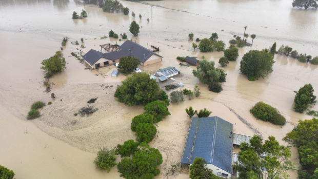 Flooding caused by Cyclone Gabrielle in Awatoto, near the city of Napier, on Feb. 14. Source: STR/Getty Images