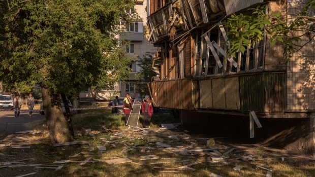 A damaged building following Russian missile strikes in Kyiv, on June 1.