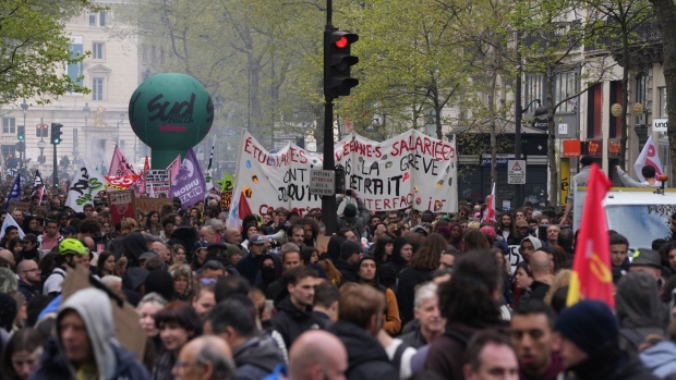 Pension reform protests in Paris in April. Photographer: Nathan Laine/Bloomberg