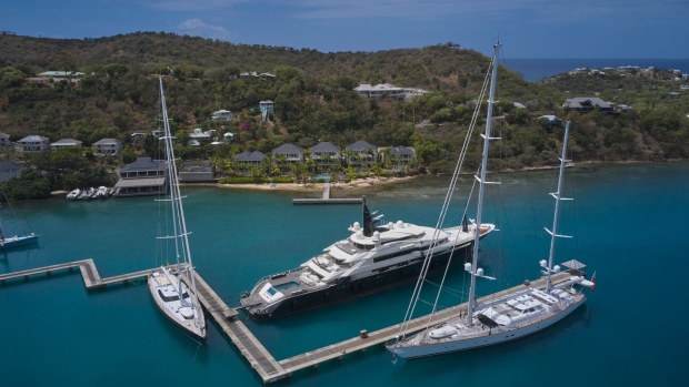 The superyacht Alfa Nero docked in Falmouth Harbour in Antigua, on April 20.