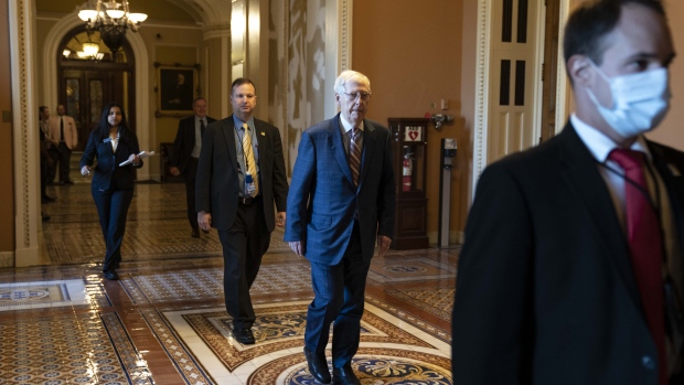 Senate Minority Leader Mitch McConnell, a Republican from Kentucky, arrives at the US Capitol in Washington, DC, US, on Thursday, June 1, 2023. The House of Representatives approved the debt-limit deal Wednesday night, putting the US one step closer to avoiding a potential default on June 5.