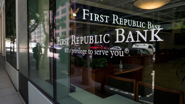 Signage is displayed on a window of a First Republic Bank branch in San Francisco, California, U.S., on Monday, July 13, 2020. First Republic Bank is scheduled to release earnings figures on July 14.