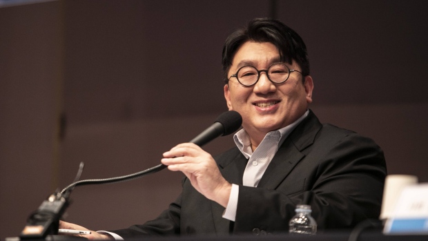 Bang Si-hyuk, founder of Hybe Co., speaks during a forum in Seoul, South Korea, on Wednesday, March 15, 2023. Bang said Hybe, the label behind boyband sensation BTS, is looking at two US music management companies that have renowned producers for possible M&A targets. Photographer: Jean Chung/Bloomberg