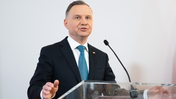 VIENNA, AUSTRIA - APRIL 14: Polish President Andrzej Duda speaks during a joint press conference with Austrian President Alexander van der Bellen on April 14, 2023 in Vienna, Austria. President Duda is on a one-day official visit to Austria and is meeting with Austrian leaders. Among issues on the agenda of the visit is Russia's ongoing war in Ukraine. Poland has supported Ukraine with large amounts of military equipment. Austria has so far declined to allow weapons transfers, citing its neutral status, though it has sent humanitarian assistance to Ukraine. (Photo by Thomas Kronsteiner/Getty Images)