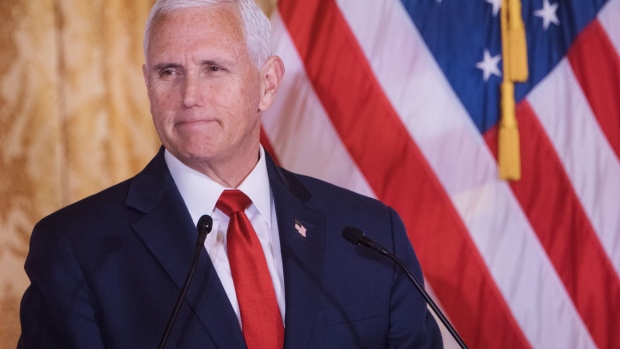 Former US Vice President Mike Pence speaks during the Nixon National Energy Conference at the Richard Nixon Presidential Library & Museum in Yorba Linda, California, US, on Wednesday, April 19, 2023. Pence is widely considered to harbor 2024 presidential aspirations.
