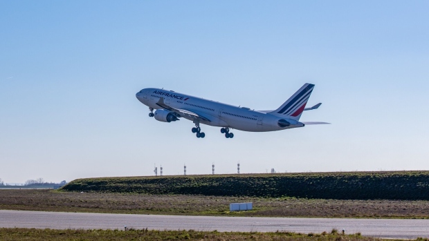 An Airbus SE A330 passenger aircraft, operated by Air France-KLM Group, takes off from Charles de Gaulle airport, operated by Aeroports de Paris, in Roissy, France, on Friday, Feb. 15, 2019. The French Senate voted overwhelmingly for the rejection of the Aeroports de Paris privatization earlier this month.