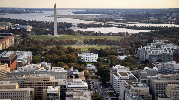 The White House, center, is seen near the Washington Monument in this aerial photograph taken above Washington, D.C., U.S., on Tuesday, Nov. 4, 2019. Democrats and Republicans are at odds over whether to provide new funding for Trump's signature border wall, as well as the duration of a stopgap measure. Some lawmakers proposed delaying spending decisions by a few weeks, while others advocated for a funding bill to last though February or March.
