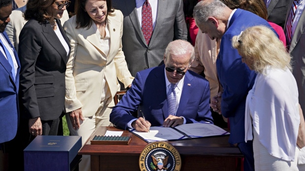 US President Biden signs the Chips and Science Act of 2022. Photographer: Al Drago/Bloomberg
