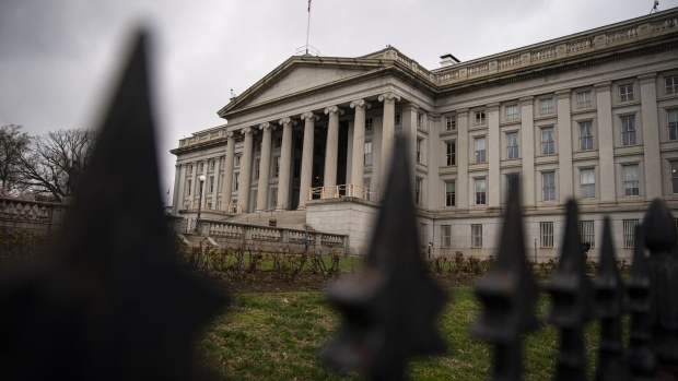 The US Treasury building in Washington, DC, US, on Monday, March 13, 2023. US authorities took extraordinary measures to shore up confidence in the financial system after the collapse of Silicon Valley Bank, introducing a new backstop for banks that Federal Reserve officials said was big enough to protect the entire nation's deposits.