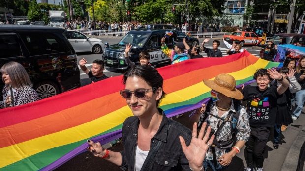 People attend the Tokyo Rainbow Pride 2023 Parade in Tokyo on April 23, 2023, to show support for members of the LGBT community.  Photographer: Yuichi Yamazaki/AFP/Getty Images