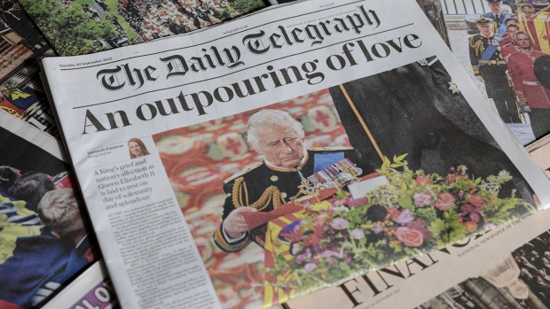 The State Funeral of Queen Elizabeth II is seen on the front page of Britain’s The Daily Telegraph newspaper on Sept. 20, 2022.