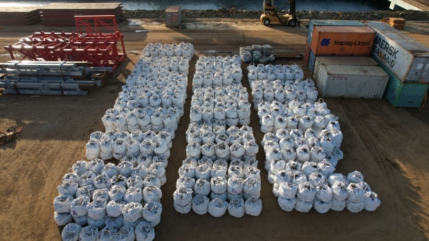 Bags of ferronickel bound for shipment at Harita Nickel's port facility on Obi Island, North Maluku, Indonesia, on Tuesday, March 7, 2023. One of a new breed of nickel producers, backed by Chinese know-how and cash, Harita is using the latest generation of a method known as high-pressure acid leaching, or HPAL, to turn Indonesia's low-grade ore into metal fit to power a Tesla car.