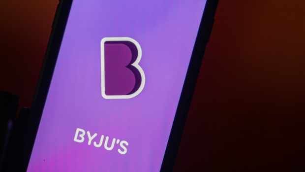 The logo for the BYJU'S learning application, developed by Think and Learn Pvt., arranged on a smartphone in Mumbai, India on Wednesday, June 7, 2023. One of India's hottest tech companies, Byju’s, asked a New York court to intervene in its dispute with lenders owed more than $1 billion, claiming a group of distressed-debt investors manufactured a fake debt crisis to extort money from the education-technology firm. Photographer: Dhiraj Singh/Bloomberg