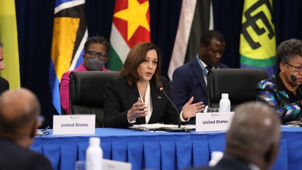 US Vice President Kamala Harris, center, speaks during a meeting with leaders of Caribbean nations at the Summit of the Americas in Los Angeles, California, US, on Thursday, June 9, 2022. President Biden announced what he called the "Americas Partnership for Economic Prosperity" as he opened the summit yesterday, a series of non-binding agreements that he said would help the Western Hemisphere's nations rebound more quickly from the pandemic and share in US growth. Photographer: David Swanson/EPA/Bloomberg  