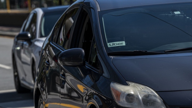 Uber signage on a vehicle in San Francisco, California, US, on Thursday, April 27, 2023. Uber Technologies Inc. is expected to release earnings figures on May 2.