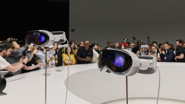 Apple Vision Pro mixed reality (XR) headsets during the Apple Worldwide Developers Conference at Apple Park campus in Cupertino, California, US, on Monday, June 5, 2023. Apple Inc. will charge $3,499 for its long-awaited mixed-reality headset, testing whether consumers are ready to spend big bucks on a technology that the company sees as the future of computing.