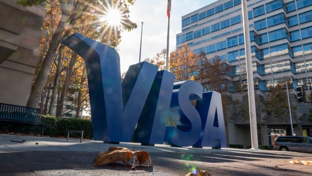 Visa Inc. headquarters in Foster City, California, U.S., on Monday, Nov. 23, 2020. Visa Inc.is delaying plans to raise the swipe fees paid by certain U.S. merchants each time a customer uses a credit card in-store as the coronavirus pandemic continues to crimp commerce across the country. Photographer: David Paul Morris/Bloomberg
