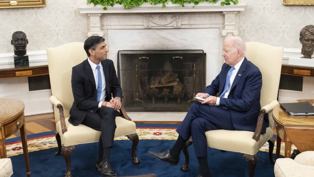 US President Joe Biden, right, and Rishi Sunak, UK prime minister, during a meeting in the Oval Office of the White House in Washington, DC, US, on Thursday, June 8, 2023.  Photographer: Bonnie Cash/UPI/Bloomberg
