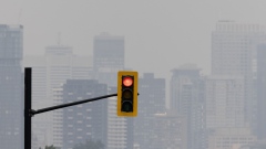 Smoke from wildfires in Montreal, Quebec, Canada, on Monday, June 6, 2023. Canada is on track to see its worst-ever wildfire season in recorded history if the rate of land burned continues at the same pace.