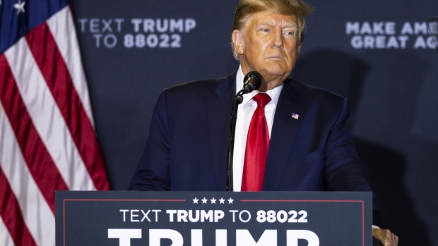 Former US President Donald Trump speaks at a campaign event in Manchester, New Hampshire, US, on Thursday, April 27, 2023. Trump is seeking to become the first former president since Grover Cleveland to be elected to a second, non-consecutive term in office.