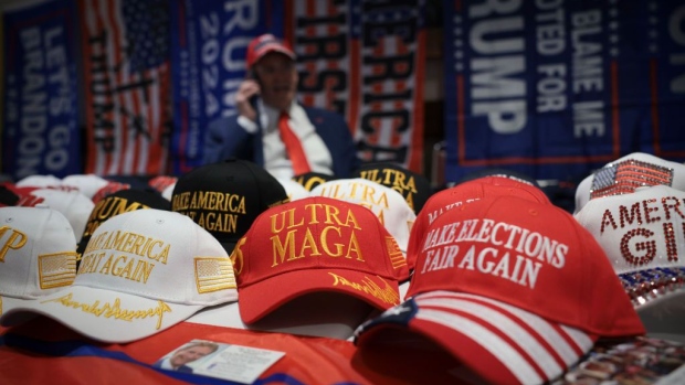 GREENSBORO, NORTH CAROLINA - JUNE 09: Vendors sell merchandise featuring former U.S. President Donald Trump at the North Carolina Republican party's state convention June 9, 2023 in Greensboro, North Carolina. Republican presidential candidate Florida Governor Ron DeSantis is scheduled to speak at the North Carolina GOP Old North State Dinner this evening. (Photo by Win McNamee/Getty Images)