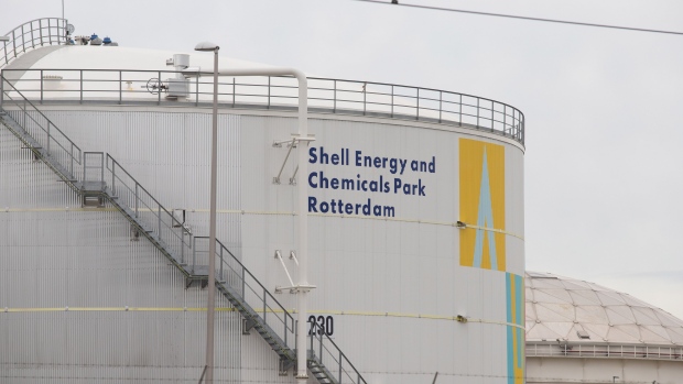 A storage silo with a sign reading "Shell Energy and Chemicals Park" at the Shell Plc Pernis refinery in Rotterdam, Netherlands, on Sunday, Oct. 23, 2022. Shell reports earnings on Oct. 27.