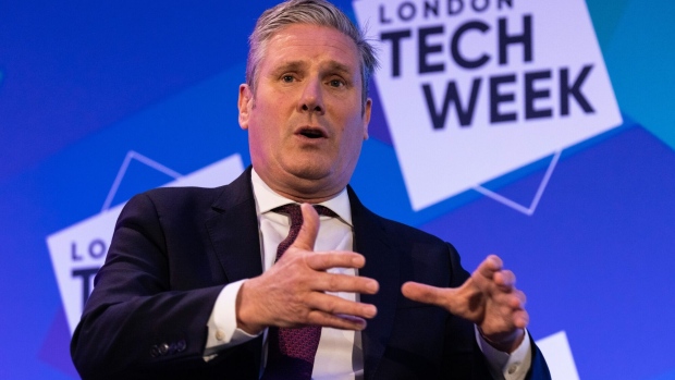 Keir Starmer, leader of the Labour Party, speaks at the London Tech Week conference in London, UK, on Tuesday, June 13, 2023. Starmer said he is eyeing gains in Scotland at the general election next year following the “profound” political turmoil in the Scottish National Party but recognizes his party needs to fight to convince wavering voters.