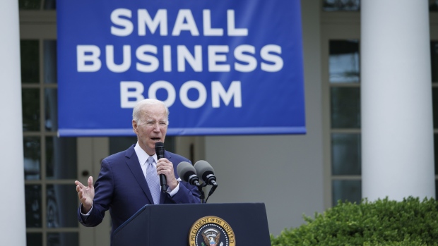 US President Biden speaks during a National Small Business Week event in Washington, on May 1. Photographer: Ting Shen/Bloomberg
