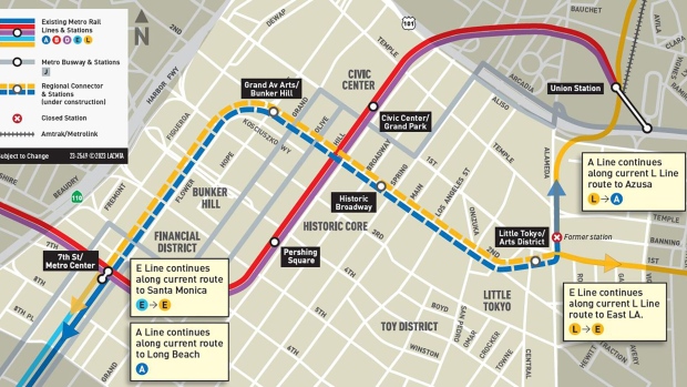 A Los Angeles Metro map shows where regional connector lines and stations will be located downtown, and how they'll connect to existing lines. Source: LACMTA