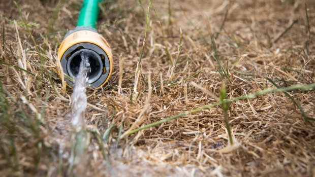 BATH, ENGLAND - JULY 23: A hosepipe waters dry grass on a lawn in a garden in the village of Priston on July 23, 2018 near Bath, England. Seven million residents in the north west of England are currently facing a hosepipe ban due to the heatwave and water companies in other areas of the UK are continuing to urge customers to to be use water wisely in the ongoing hot, dry conditions. (Photo by Matt Cardy/Getty Images) Photographer: Matt Cardy/Getty Images Europe