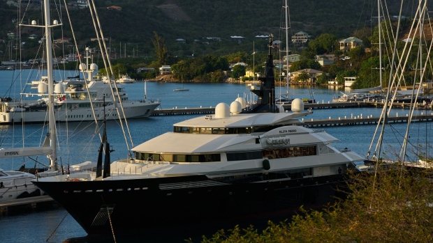 The superyacht Alfa Nero docked in Falmouth Harbour in Saint Paul Parish, Antigua.