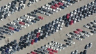 HICKSVILLE, NEW YORK - MAY 02: In this aerial photo from a drone, new cars populate a parking lot on May 02, 2020 in Hicksville, New York. Car dealerships have been greatly affected with the loss of sales due to the coronavirus pandemic. (Photo by Bruce Bennett/Getty Images)