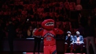 TORONTO, ON - OCTOBER 19: Toronto Raptors mascot pumps up the crowd ahead of their NBA game against the Cleveland Cavaliers at Scotiabank Arena on October 19, 2022 in Toronto, Canada. NOTE TO USER: User expressly acknowledges and agrees that, by downloading and or using this photograph, User is consenting to the terms and conditions of the Getty Images License Agreement. (Photo by Cole Burston/Getty Images)